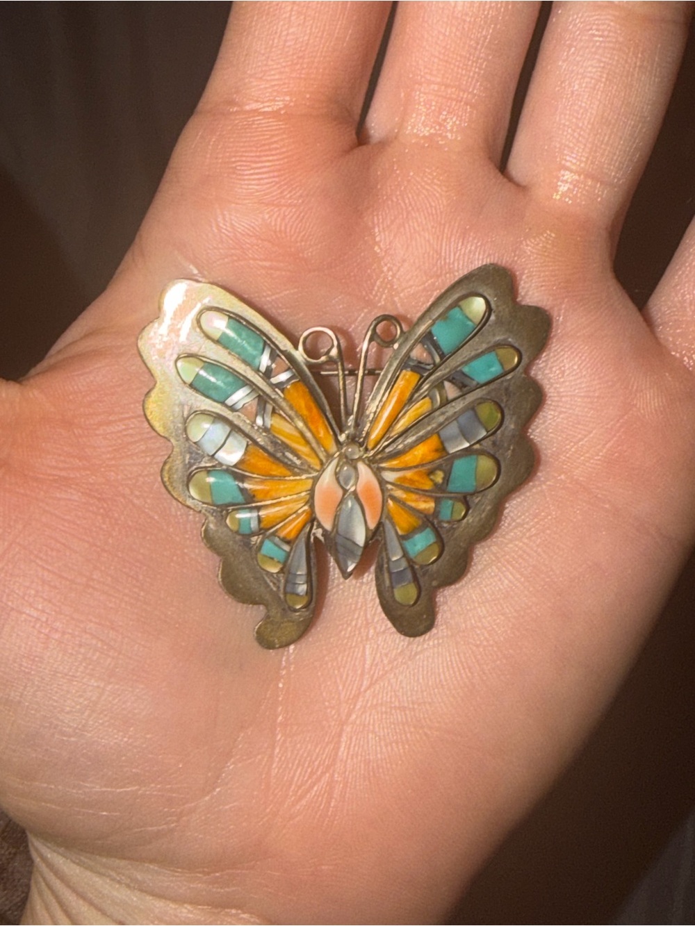 Handcrafted Zuni Butterfly Inlay Pendant - Turquoise, mother of pearl, coral